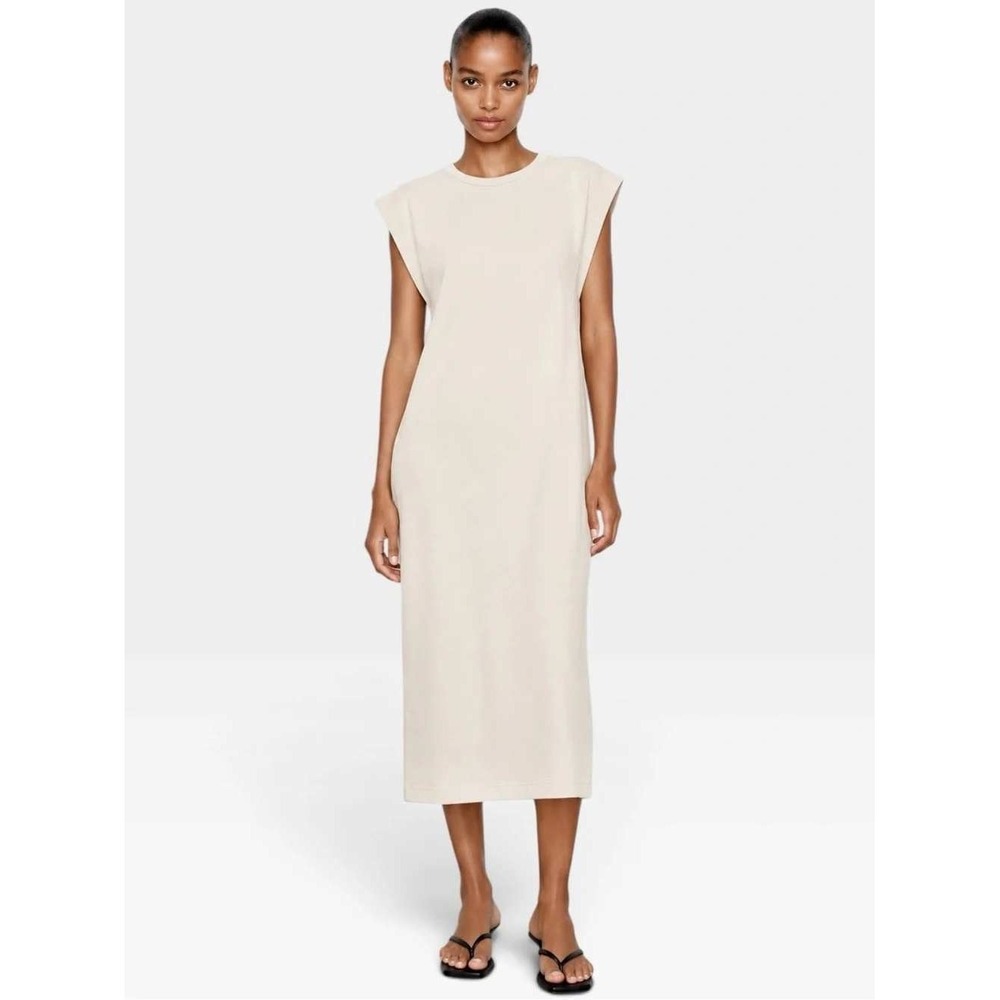 Zara Beige Ribbed Mock Neck Minimalist Quiet Luxury Midi Dress Small